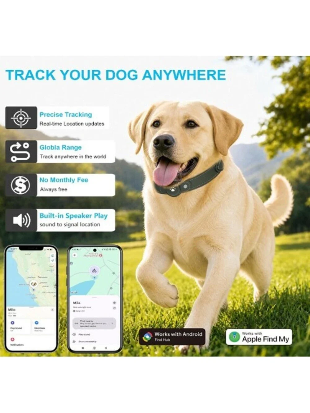 GPS Tracker for Dogs- Real-Time Pet Location Collar, Waterproof, No Subscription